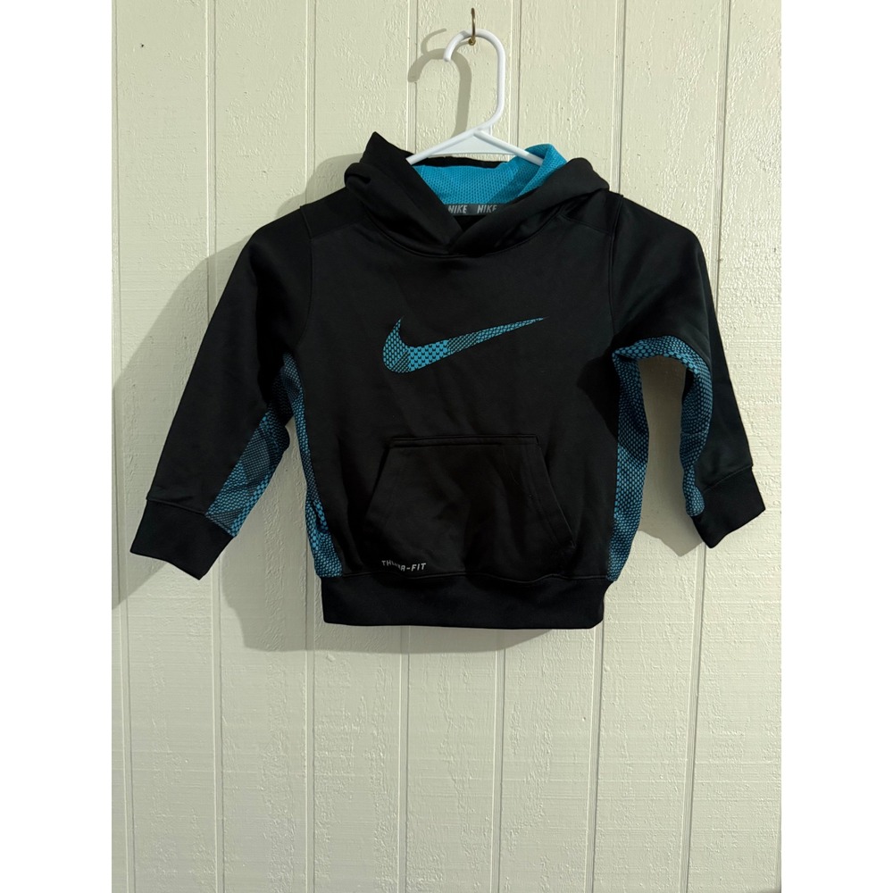 Nike Therma-FIT Pullover Hoodie Boys Size 4 Black Blue Swoosh Fleece Sweatshirt